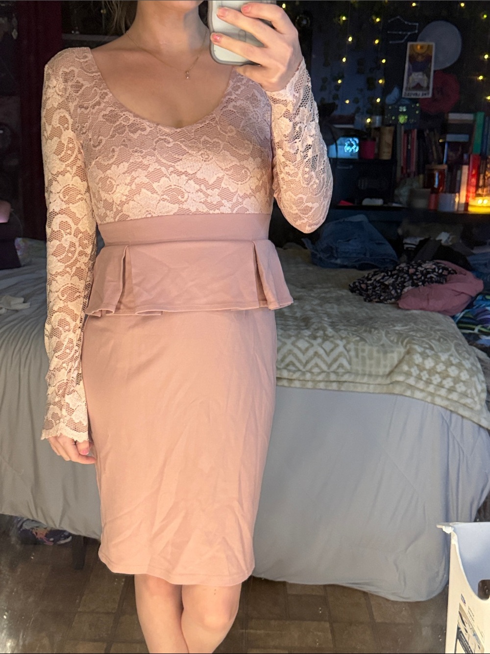 Women's Long Sleeve Lace Peplum Dress in Blush Pink